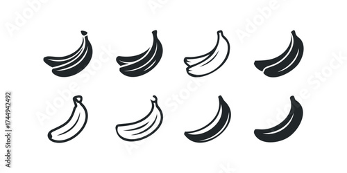 Variety of banana icons in black and white silhouette