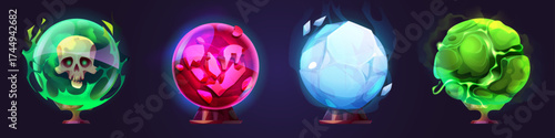 Magic fortune telling ball set with glowing crystal orbs and mystical spheres for fantasy game items. Enchanted globes with poison skull, red plasma, ice shards and toxic smoke for divination props.