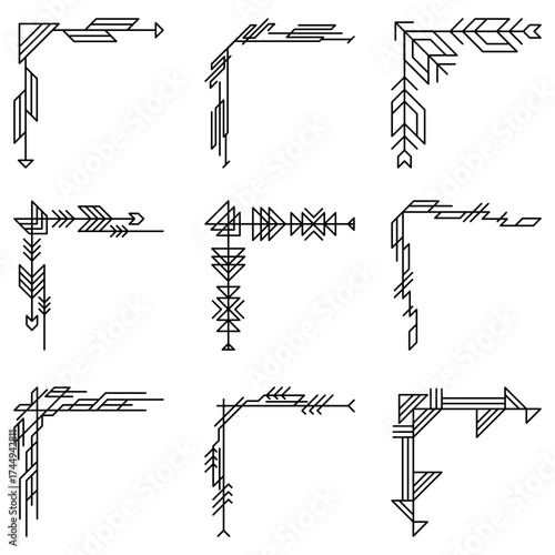 Line geometric corners. Tribal ethnic decorative linear elements.