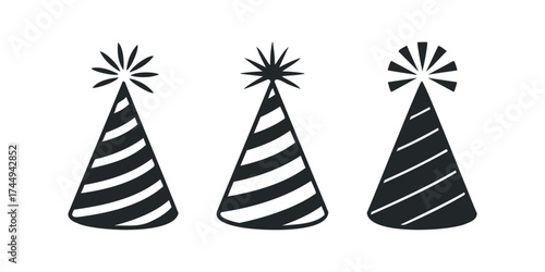 Three striped party hats with starburst toppers