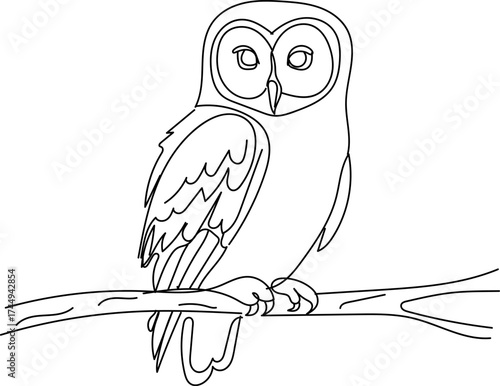 Line art illustration of an owl perched on a branch simple black and white vector drawing for coloring books and educational materials