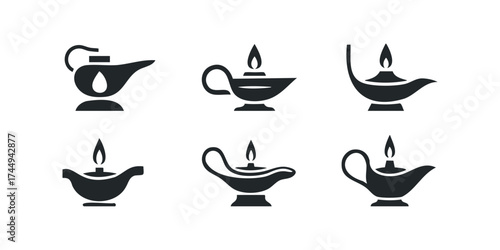 Set of six stylized icons of ancient oil lamps