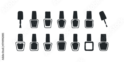 Collection of black nail polish bottle icons and brushes