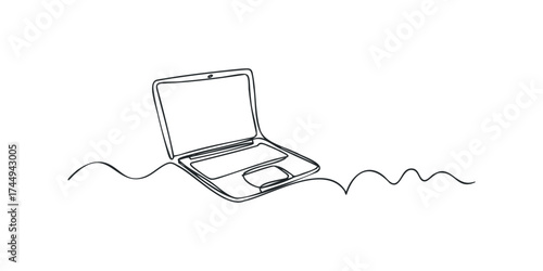 Simple Line Drawing of Open Laptop Computer