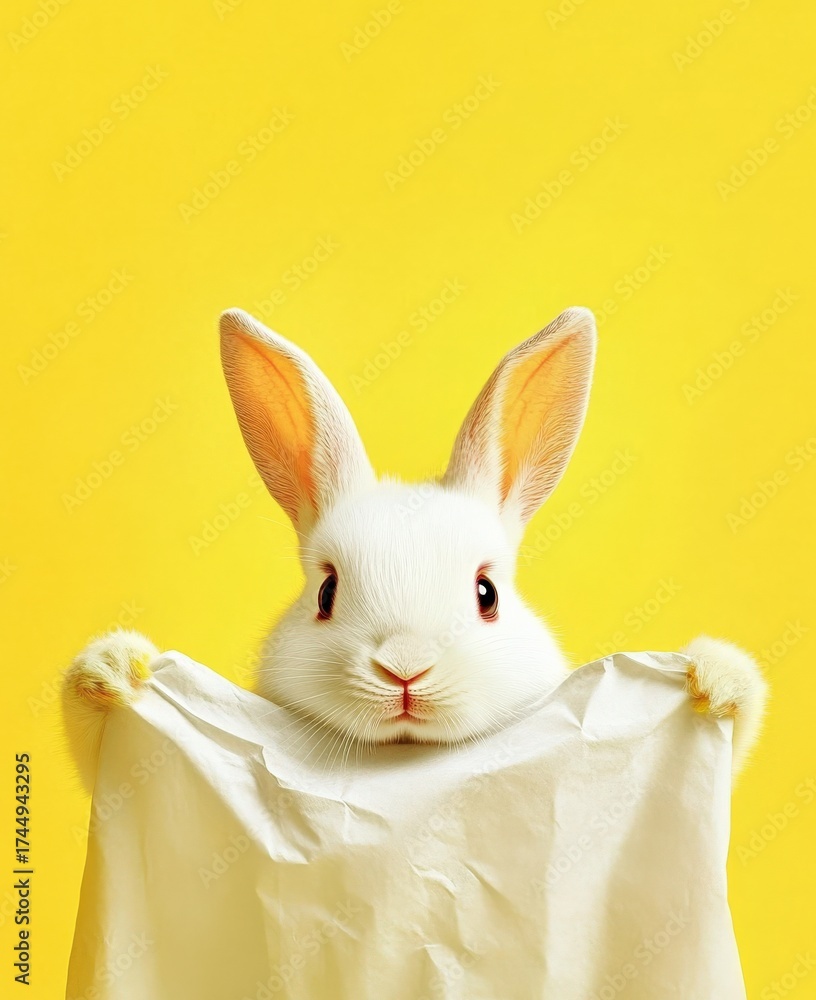 Obraz premium Cute White Rabbit Hiding Behind Tissue Paper