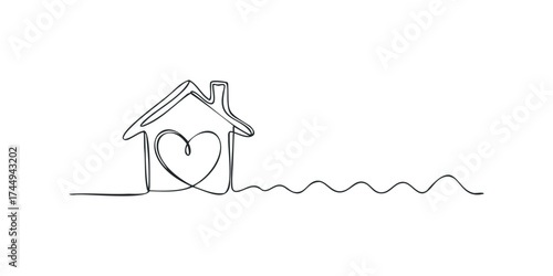 Continuous Line Drawing of a House Embracing a Heart Shape
