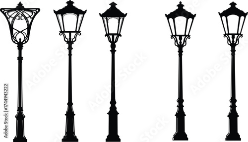 Vintage ornate street lamp silhouettes, classical decorative lantern designs, antique urban lighting, retro architecture elements, historical outdoor lamp posts illustration