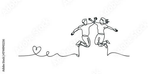 Couple celebrating with joy in continuous line drawing