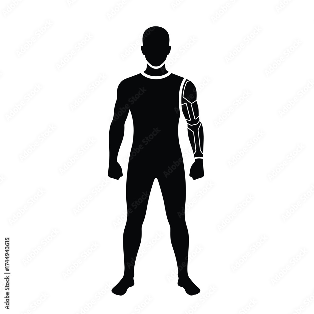Fototapeta premium Silhouette of a person with a robotic arm, standing upright and facing forward.