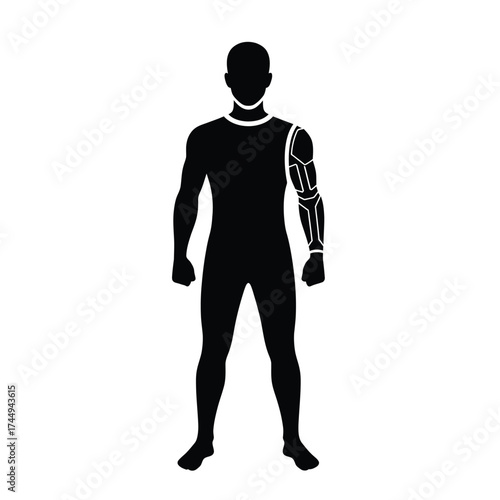 Silhouette of a person with a robotic arm, standing upright and facing forward.