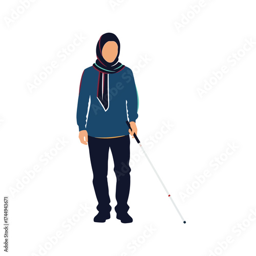 A woman wearing a hijab and holding a white cane, standing upright.