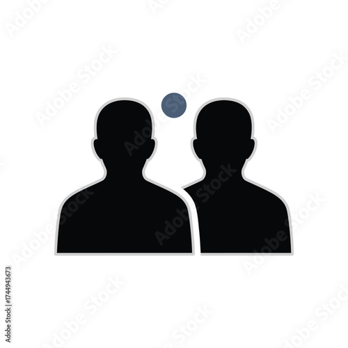 Silhouette of two individuals with a blue dot above, representing connection.