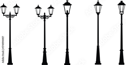 Vintage street lamp silhouettes, ornate decorative lanterns, retro urban lighting design, classic outdoor lamp posts, historical architecture illumination elements, black vector illustration