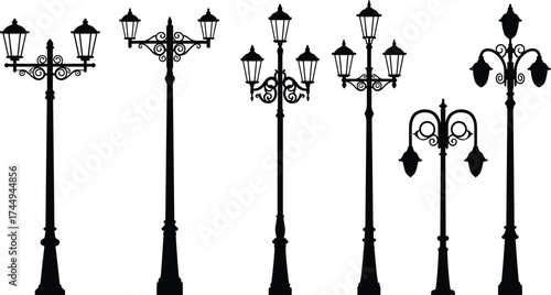 Vintage ornate street lamp silhouettes, decorative lantern posts, classical outdoor lighting fixtures, elegant retro lamp designs, urban architecture elements, garden illumination