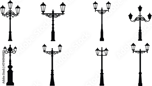 Vintage ornate street lamp silhouettes, decorative urban lighting fixtures, classical lantern designs, elegant outdoor lamp posts, retro garden illumination elements, architecture