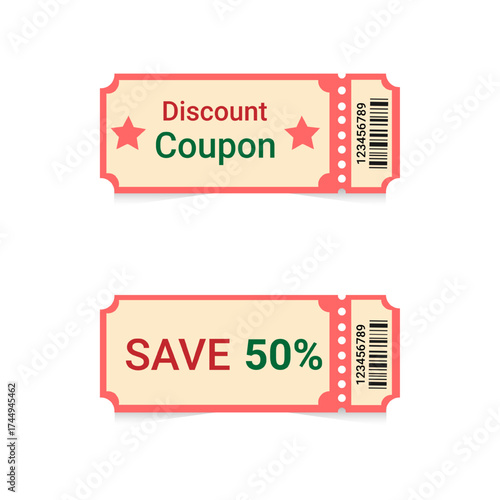 Discount coupons design example, red, green colors, vector illustration. Coupons are on websites, mobile apps, and print variants. They may be used in shopping, in markets, discount, and bonus cards. 