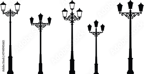vintage, street, lamp, silhouette, lantern, ornate, decorative, pole, scrollwork, urban, outdoor