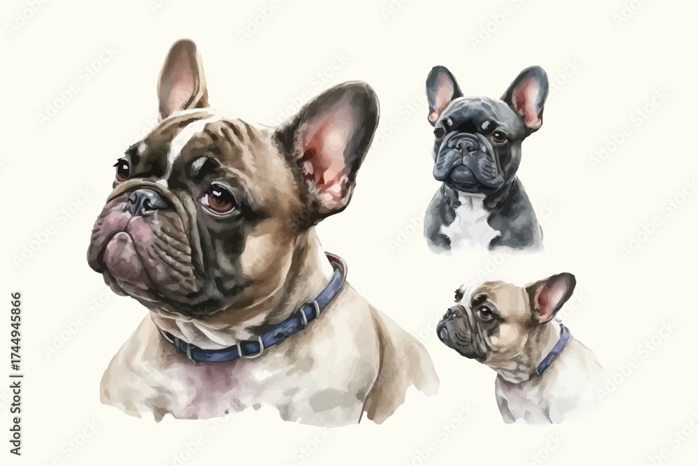 Fototapeta premium French Bulldog Puppy Dog collection Cute Pet Illustration set of Animal Clipart on isolated background