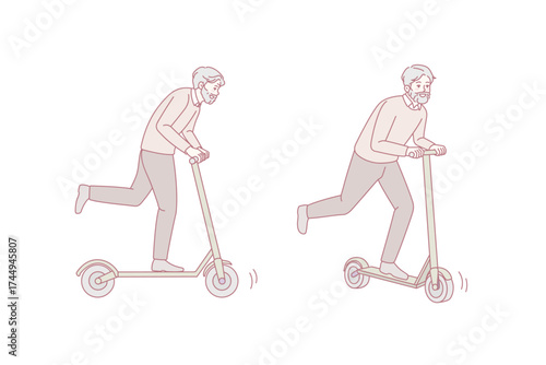 Overjoyed energetic elderly man have fun riding on scooter outdoors. Happy active mature grandfather feel joyful and positive enjoy outdoors activity. Vector illustration.