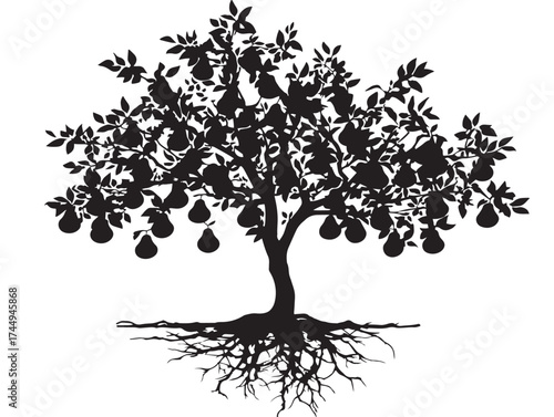 Artistic Pear Tree Silhouette with Visible Roots 2D Vector Illustration