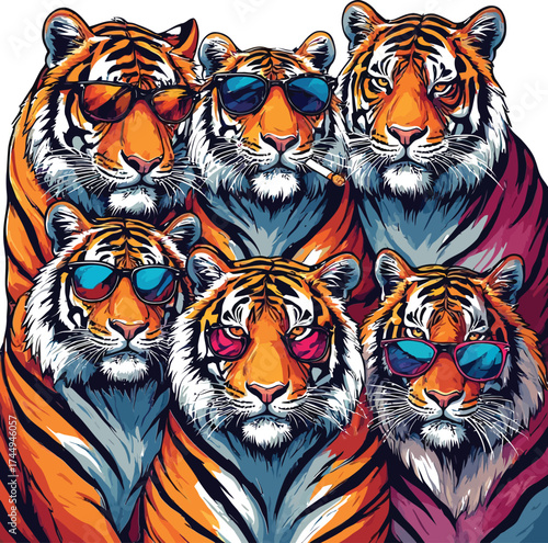 A group of six cool tigers wearing sunglasses and looking stylish together