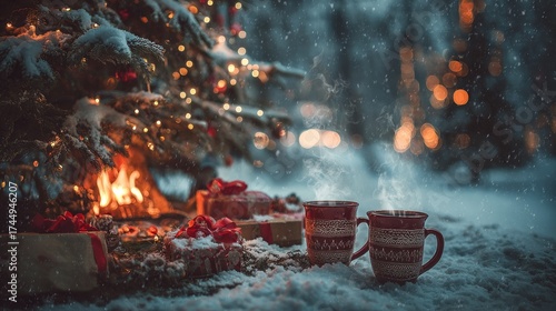 Joyful holiday atmosphere captured with a glowing fire, hot cocoa mugs, and beautifully wrapped gifts beneath a snow-frosted Christmas tree.