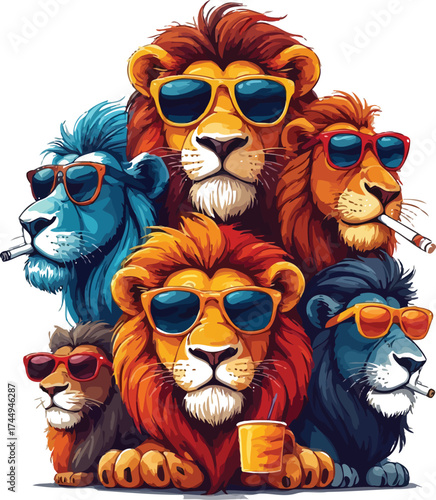 A group of cool lions wearing sunglasses and smoking some holding drinks