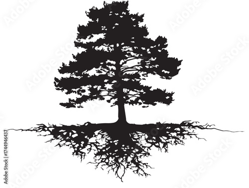Elegant Pine Tree Silhouette with Grounded Roots 2D Vector Artwork
