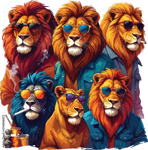 Cool group of lions wearing sunglasses and jackets with a relaxed vibe
