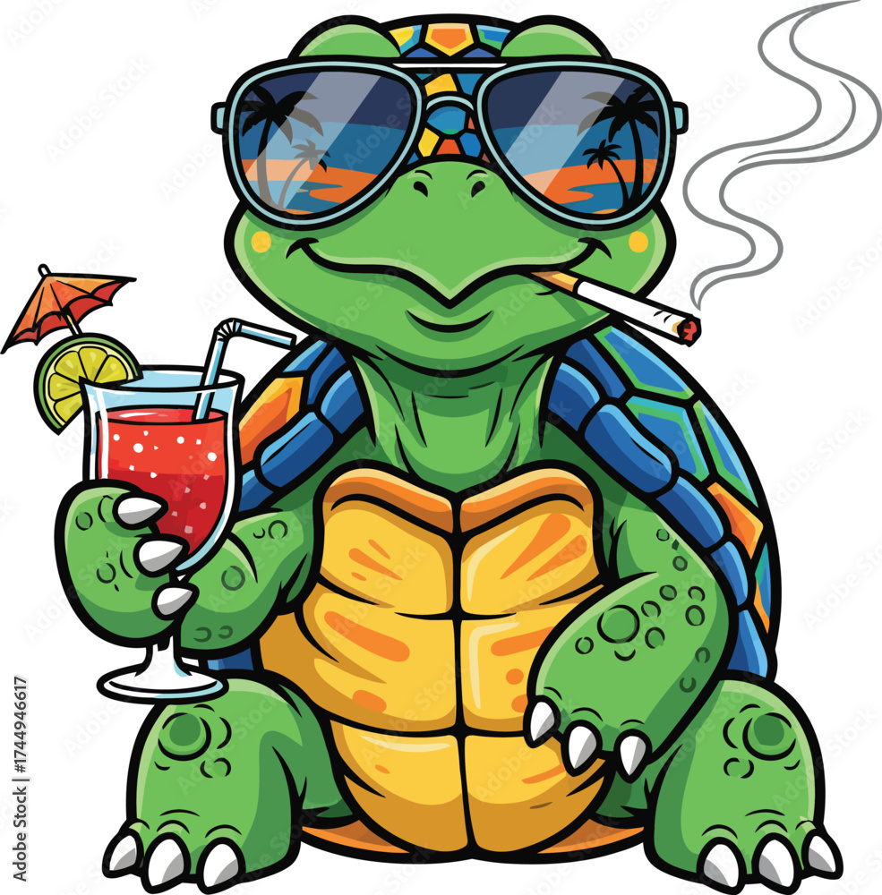 Fototapeta premium Cool cartoon turtle wearing sunglasses holding a cocktail and smoking a cigarette