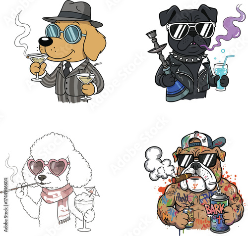 Four stylish dogs in sunglasses and hats enjoying themselves with smoking accessories