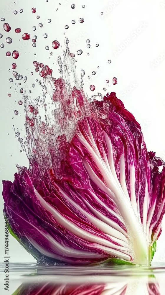 Obraz premium Crisp red chicory with energetic water splash. Fresh natural produce, vibrant and healthy.