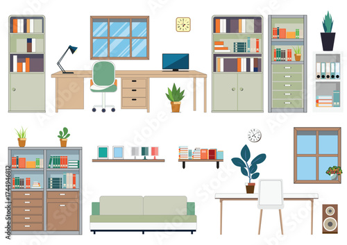 A collection of isolated office furniture in flat cartoon vector style.