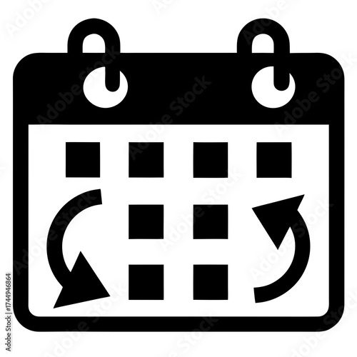 Black and white calendar icon with arrows indicating scheduling or rescheduling, perfect for reminders, appointments, and planning