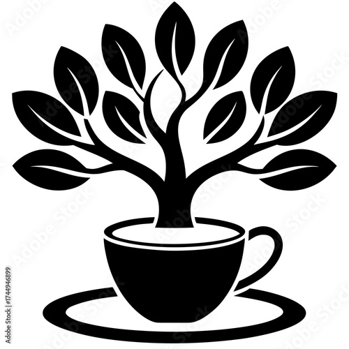 Black and white illustration of a tree growing out of a teacup, symbolizes growth, nature, and the nurturing power of tea