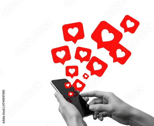 Hands holding smartphone with red social media heart icons