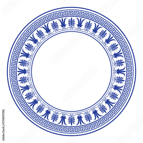 Blue round plate with floral design. Round floral european pattern frame arabesque. Greek key meander. Vintage frame with greek pattern. Pattern frame for textile, embroidery, ceramic, porcelain