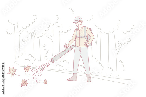 Cleaning park from fallen leaves concept. Young smiling man worker cartoon character in uniform standing and cleaning vacuuming fallen leaves in park vector illustration