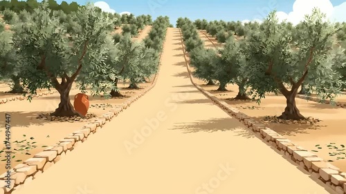 A scenic pathway leading up a hill lined with ancient olive trees under a clear blue sky, a digital art landscape