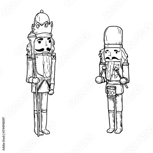 Wooden Nutcracker, black white sketch. Vector illustration. A traditional Christmas toy, set is isolated on a white background. The concept of New Year, gifts, for postcards, invitations and textiles