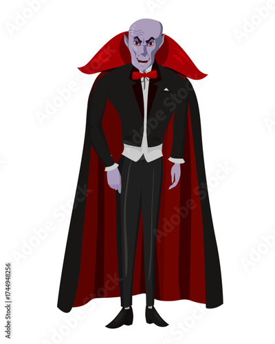 Dracula bald vampire character in black red cape with wineglass. Vector illustration cartoon style
