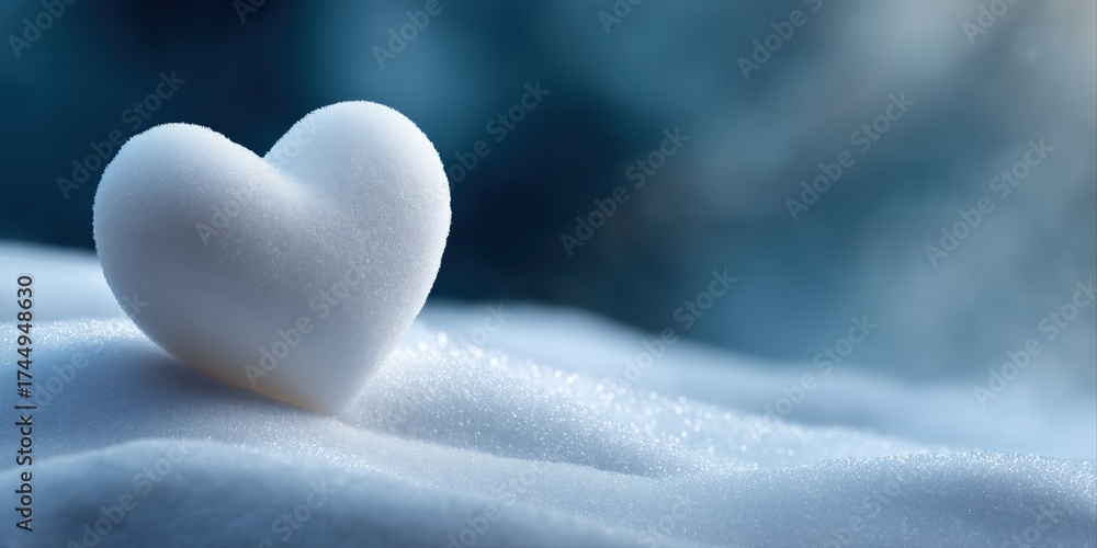 Fototapeta premium Heart-shaped snow sculpture on frosty winter surface in serene blue background