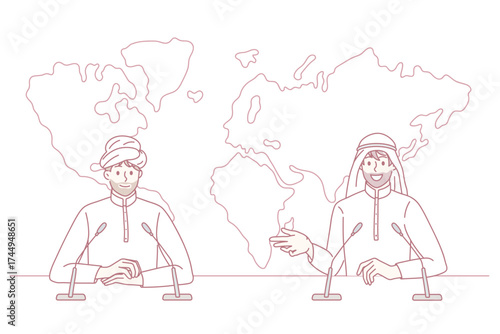 Press conference of arab businessmen concept. Two islam men partners businessmen sitting talking having press conference vector illustration