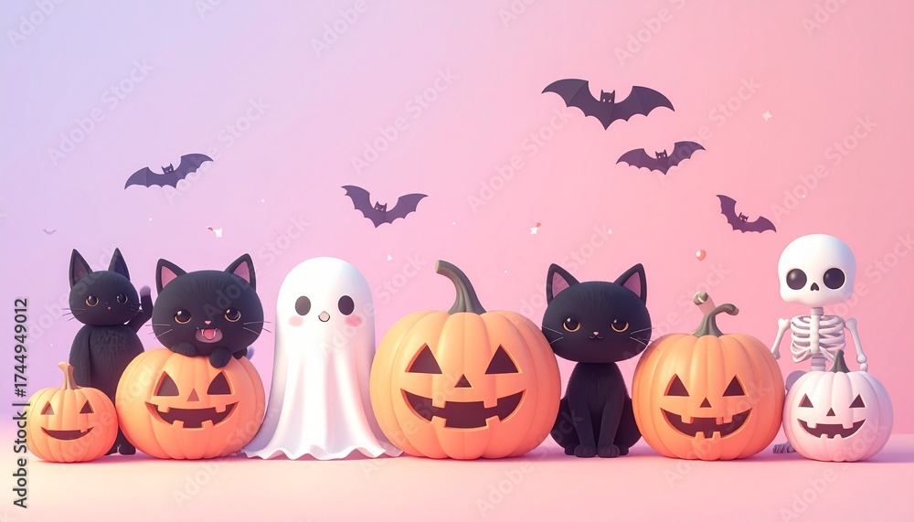 Naklejka premium Halloween Cute Cartoon Pumpkins, Cats, Ghost, Skeleton, Bats