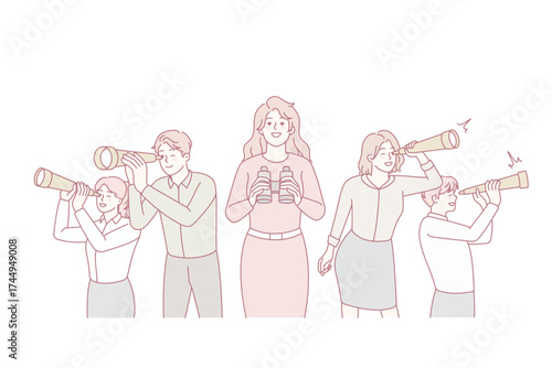 Diverse businesspeople look in spyglass explore new business opportunities. Employees using opera glass discover possibilities at work. Vector illustration.