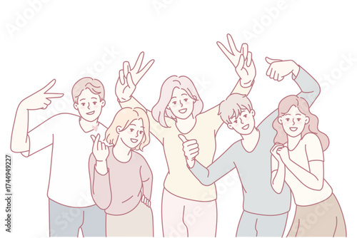 Portrait of smiling people posing together. Happy men and women have fun make diverse gestures. Friendship and unity. Vector illustration.