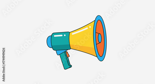 Cartoon megaphone with a bright yellow horn and blue handle.