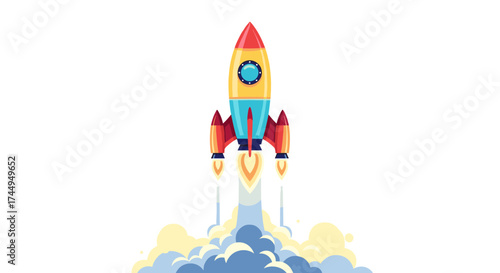 Cartoon rocket launching into space with fiery exhaust.