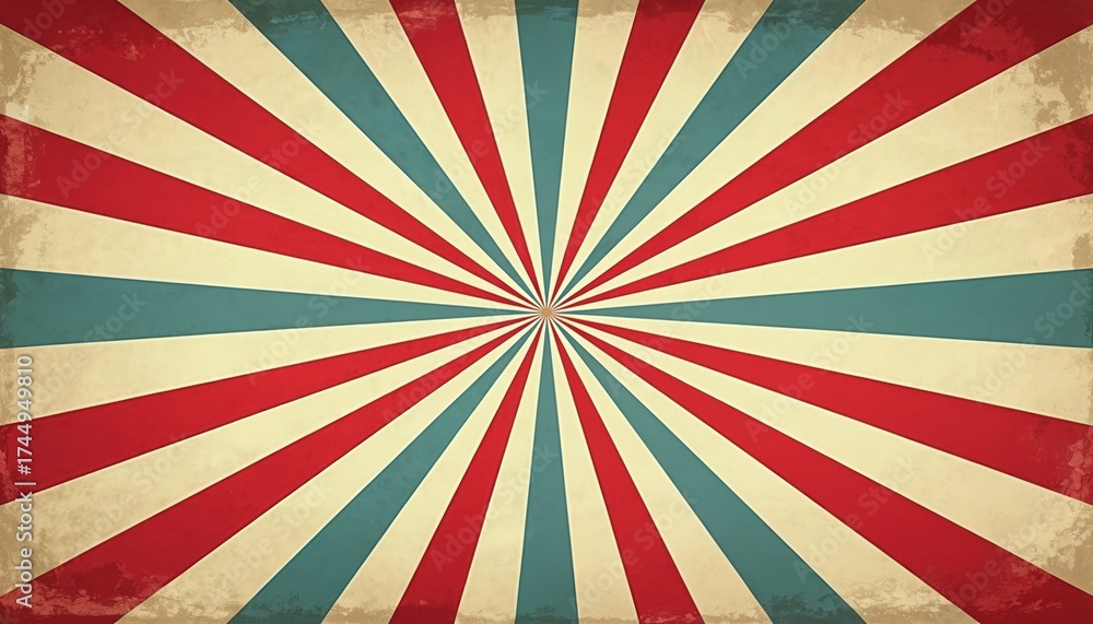 Fototapeta premium Retro sunburst style graphic design illustration with radial lines. Red white, blue rays emit from center. Vintage grunge backdrop for festive decoration. Fun carnival circus themed radial pattern.