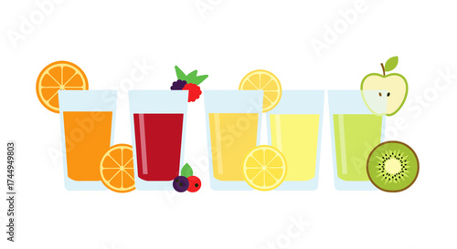 Colorful assortment of fresh fruit juices and smoothies.